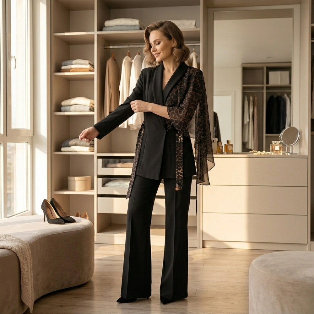 Selvana™ – Leopard Accent Blazer and Pants Set