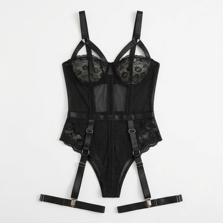 Noxelle™ – Skull Lace Corset Bodysuit with Garter Straps