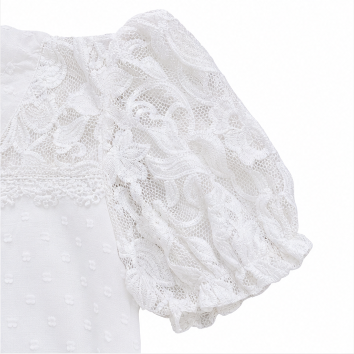 Florenza – Lace-like Shoulder Puff Sleeve V-Neck Blouse for Women