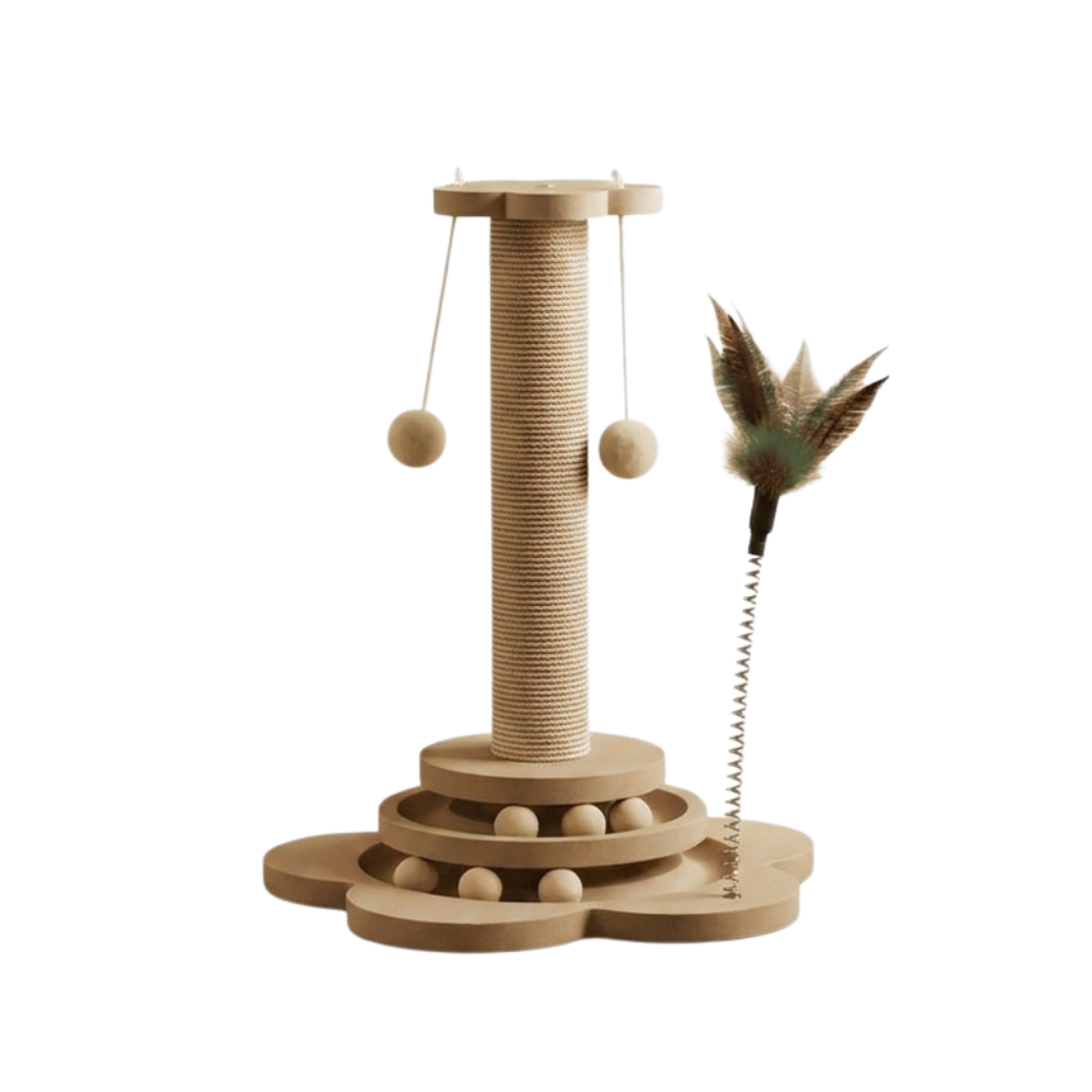 Purrch™ – 3-in-1 Sisal Scratching Post with Ball Track and Feather Wand