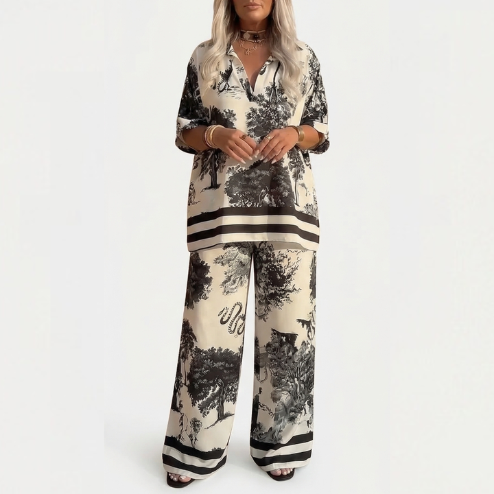 Vivara™ – Printed V Neck Top and Wide Leg Pants Set