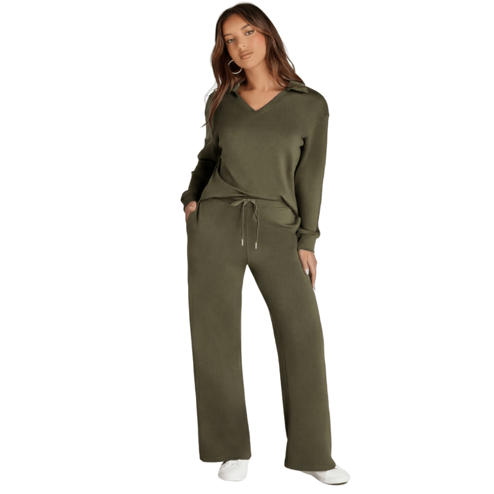 Velaire™ – V Neck Blouse and Wide Leg Pants Set