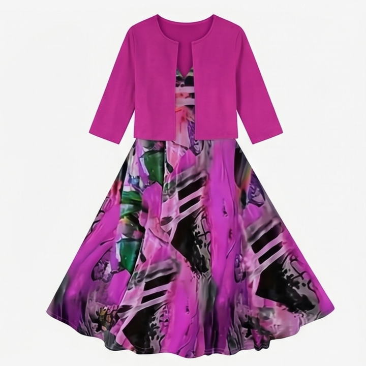 Phaeline™ - Printed Midi Dress with Attached Cardigan