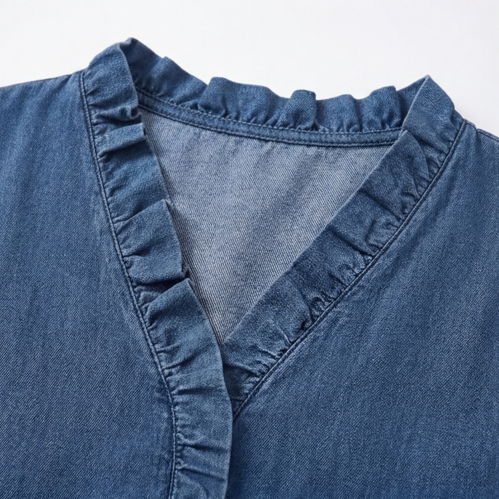 Vivara™ – Soft Ruffle V Neck Denim Blouse