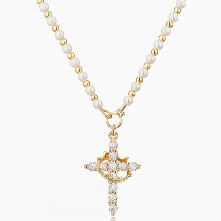 Crownara™ – Crown Cross Pearl Bead Necklace