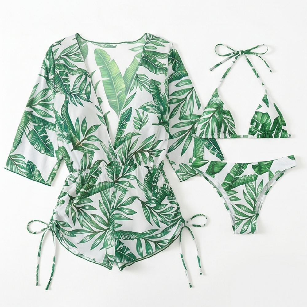 Lunavera™ – Tropical 3-Piece Swim Set with Kimono Cover