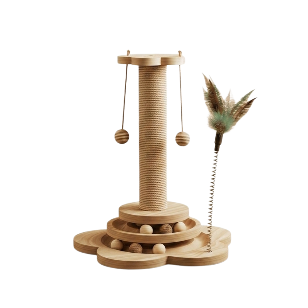 Purrch™ – 3-in-1 Sisal Scratching Post with Ball Track and Feather Wand