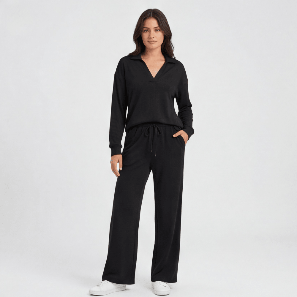 Veluna™ – Soft V-Neck Lounge Set with Wide Leg Pants