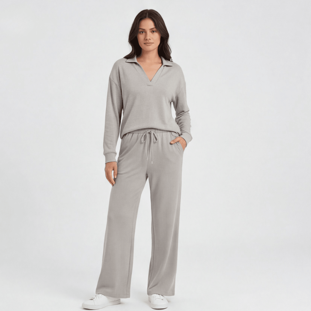 Veluna™ – Soft V-Neck Lounge Set with Wide Leg Pants