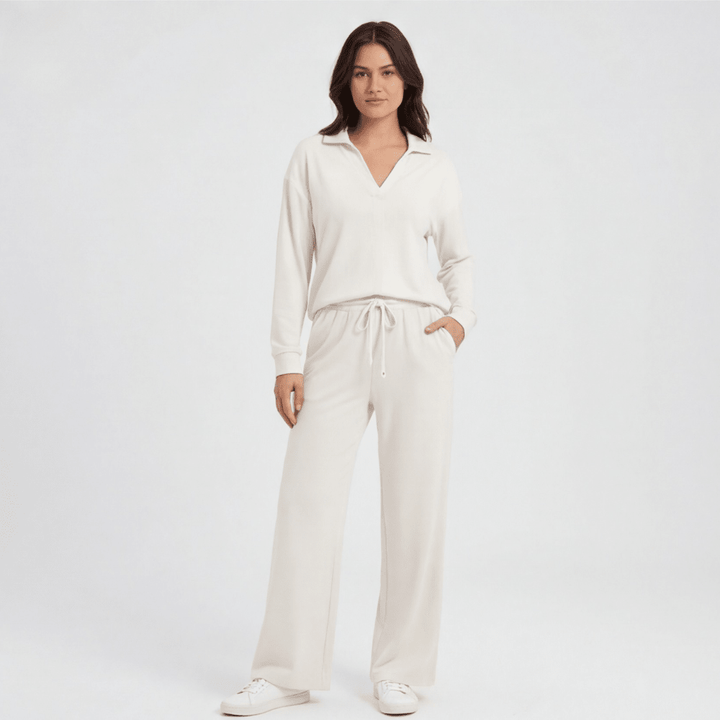 Veluna™ – Soft V-Neck Lounge Set with Wide Leg Pants