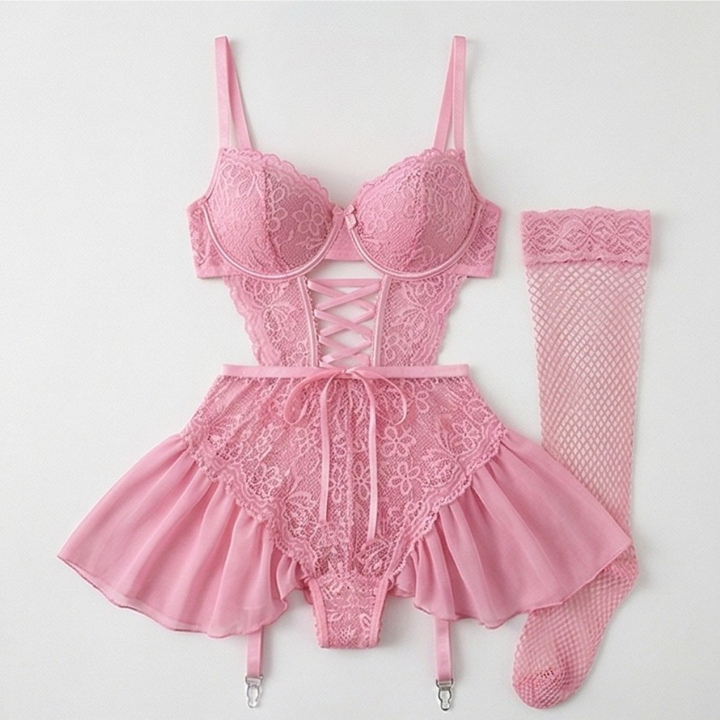 Nocturra™ – Lace Corset Nightgown Set with Fishnet Stockings