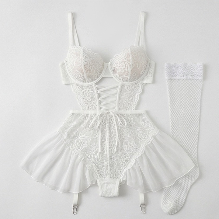 Nocturra™ – Lace Corset Nightgown Set with Fishnet Stockings