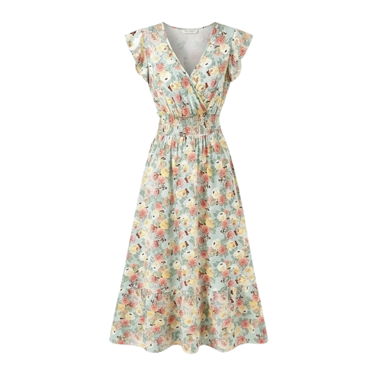 Florenza™ – Floral V-Neck Smocked Waist Midi Dress