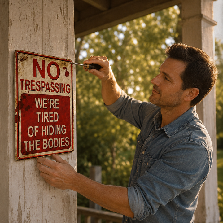 Hollerwood™ – Rustic No Trespassing Tin Sign for Porch Garage Garden