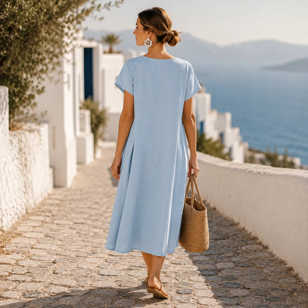 Sumlor – Asymmetric Button Midi Dress with Pockets for Summer