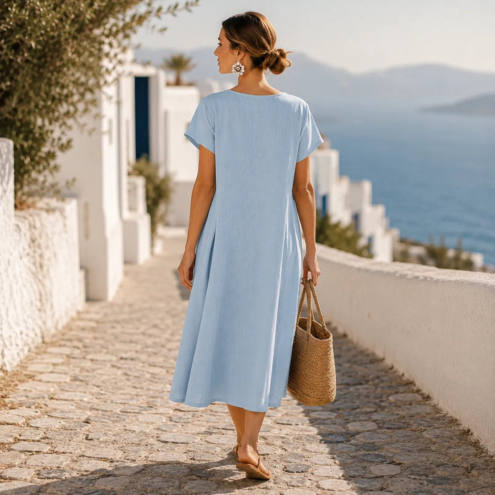 Sumlor – Asymmetric Button Midi Dress with Pockets for Summer