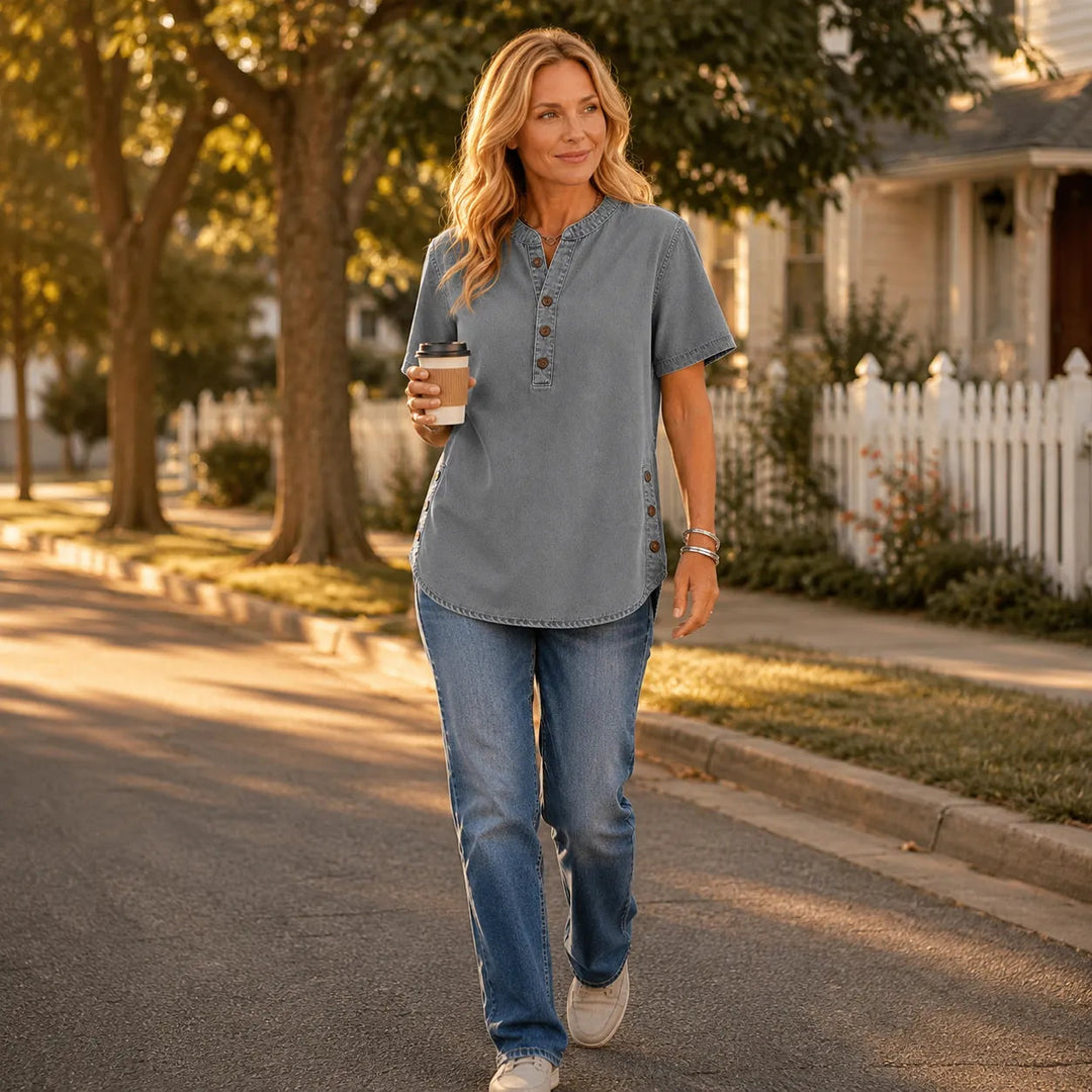 Avelyn – Henley Denim Tunic Top with Side Buttons for Women