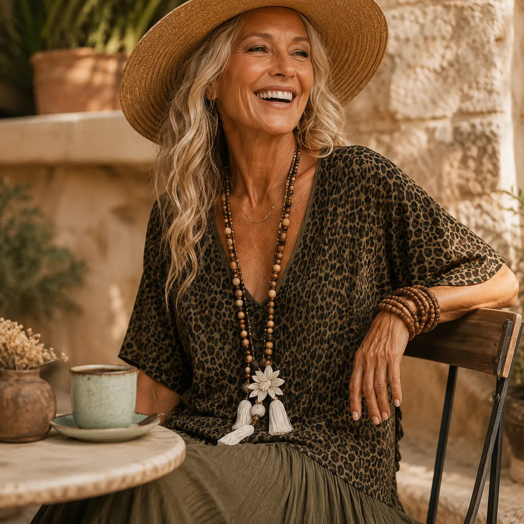 Marenza – Boho Tiered Maxi Dress with Leopard Bodice, Color-Block Skirt, V-Neck