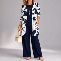 Evania™ – Women's Navy Botanical 3 Piece Outfit Set with Longline Cardigan