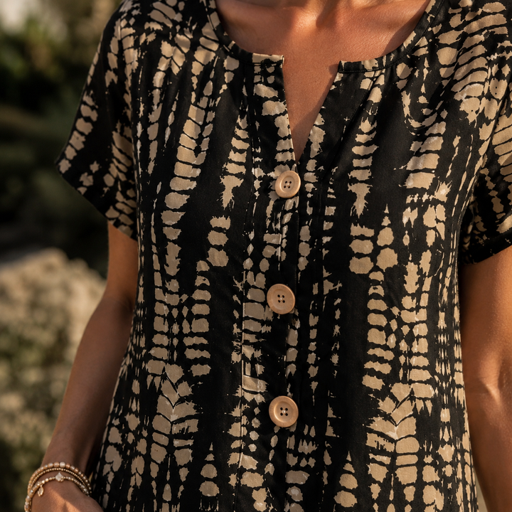 Solara™ – Printed A-Line Shift Dress with Short Sleeves & Buttons