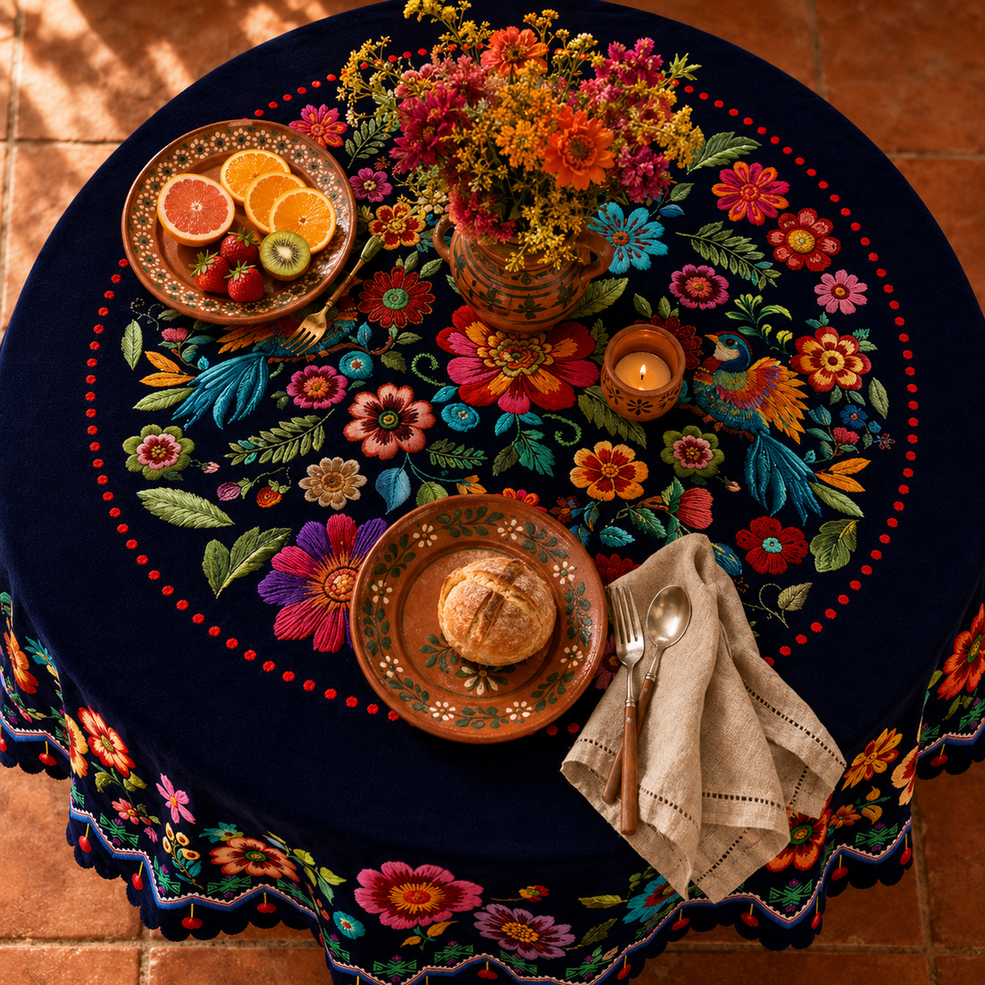 Casamora – Mexican Floral Embroidered Tablecloth with Scalloped Edge