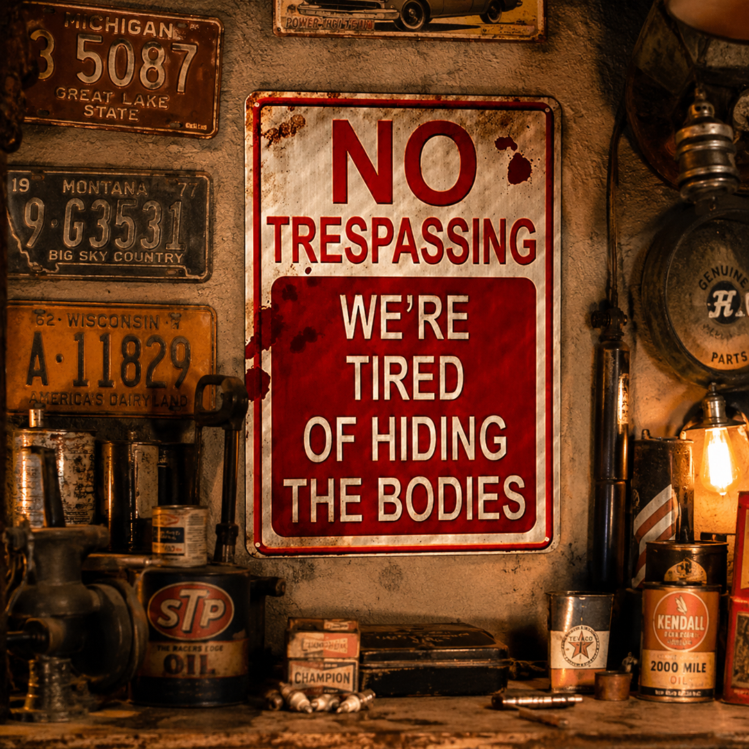 Hollerwood™ – Rustic No Trespassing Tin Sign for Porch Garage Garden