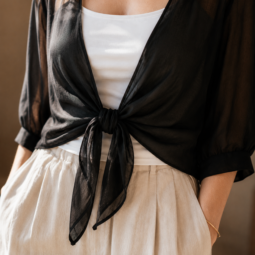 Veluna™ – Chiffon Tie-Front Top with Puff Sleeves