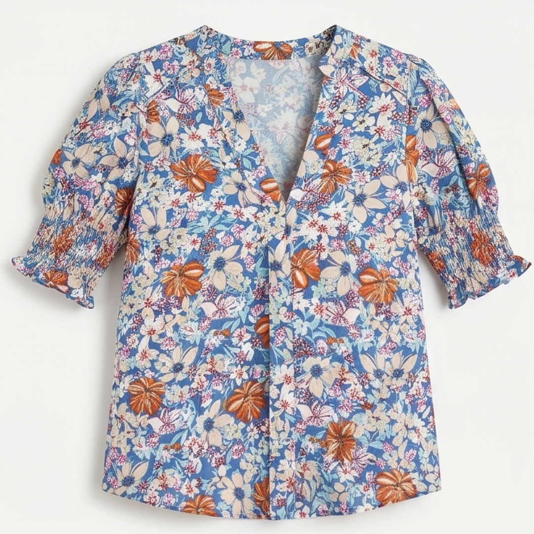 Florenza™ – Floral Puff Sleeve V-Neck Blouse