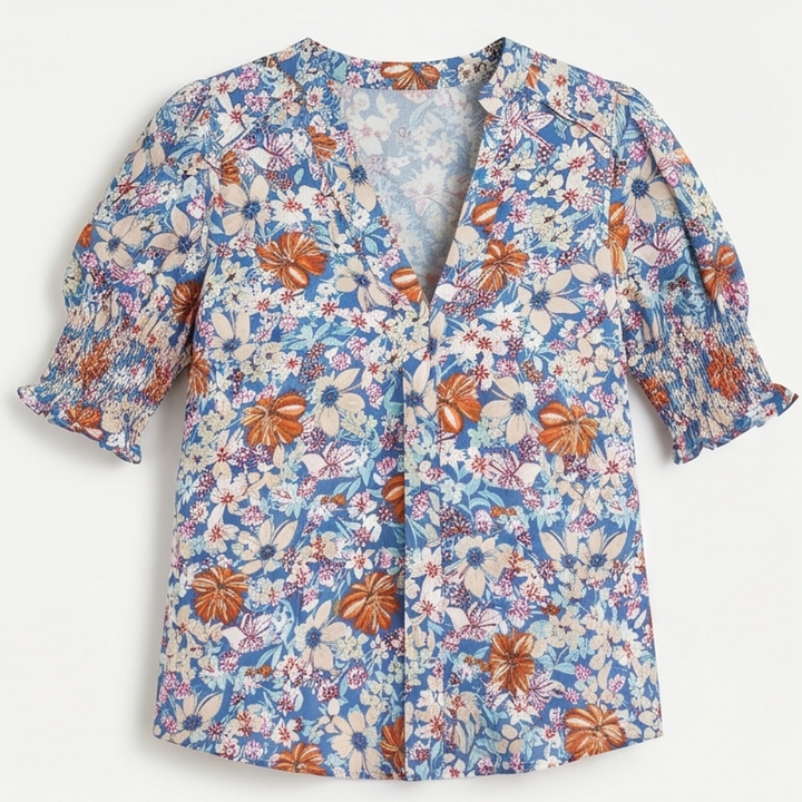 Florenza™ – Floral Puff Sleeve V-Neck Blouse