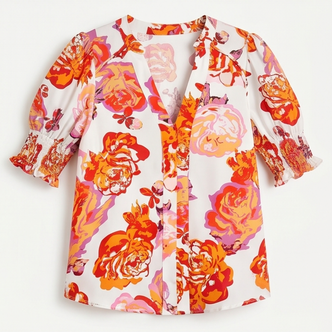 Florenza™ – Floral Puff Sleeve V-Neck Blouse