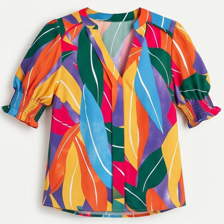 Florenza™ – Floral Puff Sleeve V-Neck Blouse