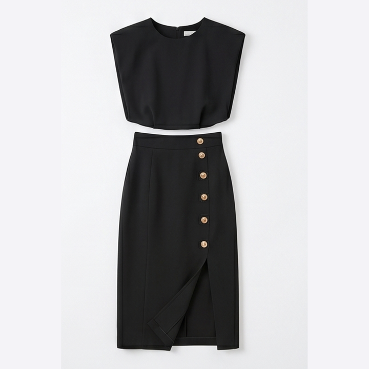 Velora™ Gold-Button Slit Midi Dress for Work and Evening