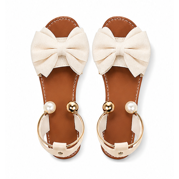 Lunabow™ Bow Flat Sandals with Pearl Ankle Cuff