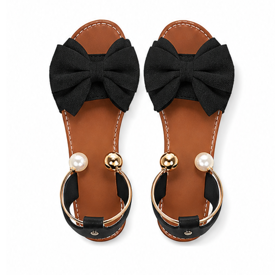 Lunabow™ Bow Flat Sandals with Pearl Ankle Cuff