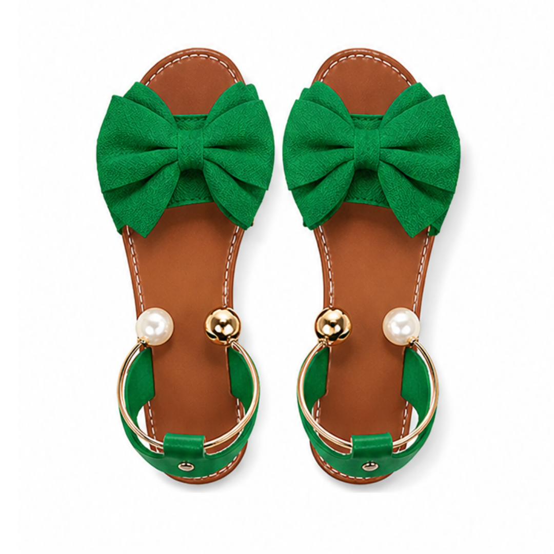 Lunabow™ Bow Flat Sandals with Pearl Ankle Cuff
