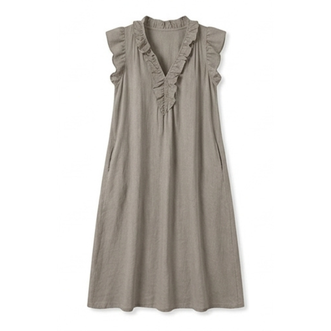 Veluna™ – Ruffle-V Midi Dress with Pockets