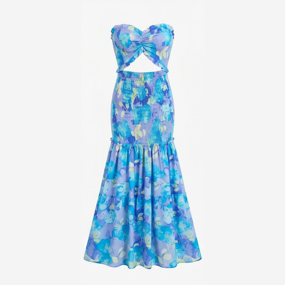 Liriosa™ – Palm-Print Strapless Maxi Dress