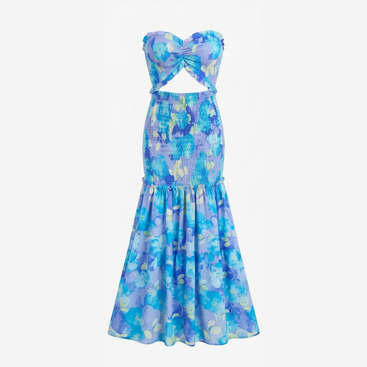 Liriosa™ – Palm-Print Strapless Maxi Dress