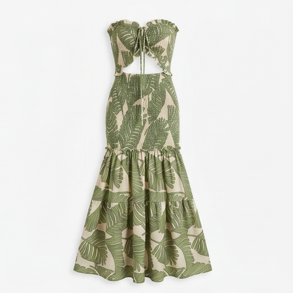 Liriosa™ – Palm-Print Strapless Maxi Dress