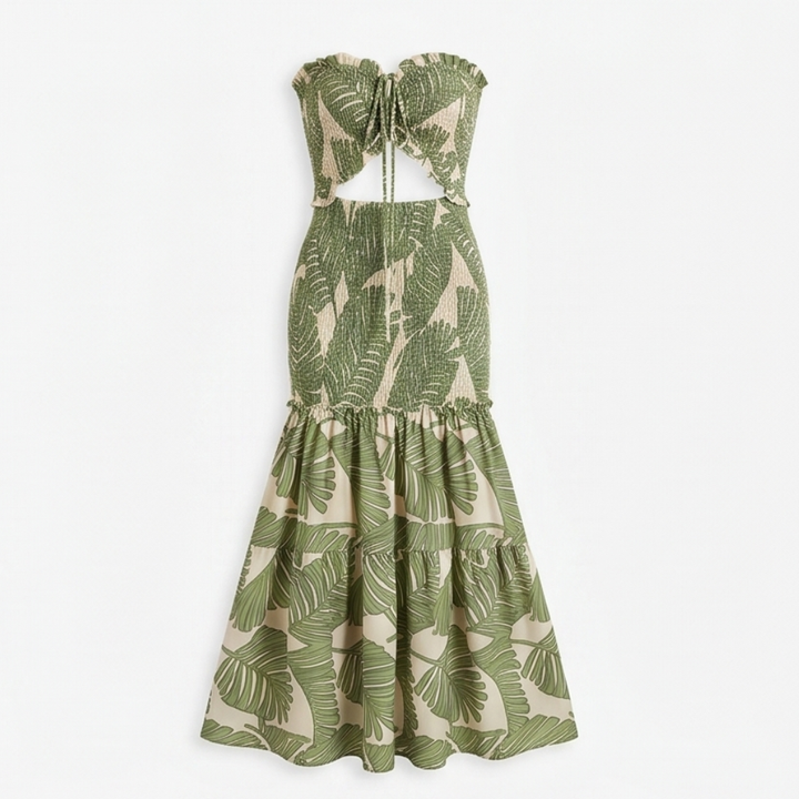 Liriosa™ – Palm-Print Strapless Maxi Dress