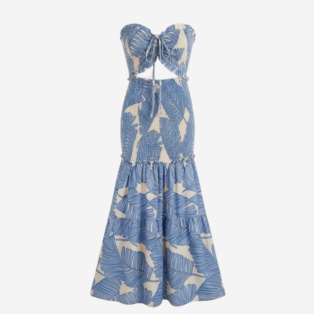Liriosa™ – Palm-Print Strapless Maxi Dress