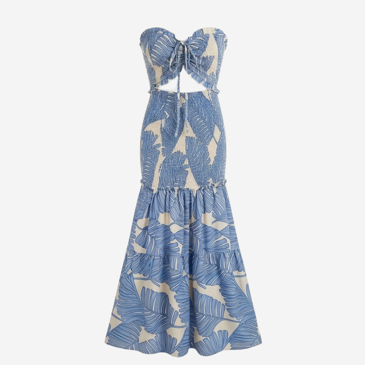 Liriosa™ – Palm-Print Strapless Maxi Dress