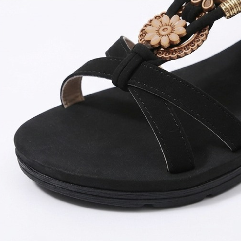Soluna™ – Boho Flat Sandals with Gold Floral Charms