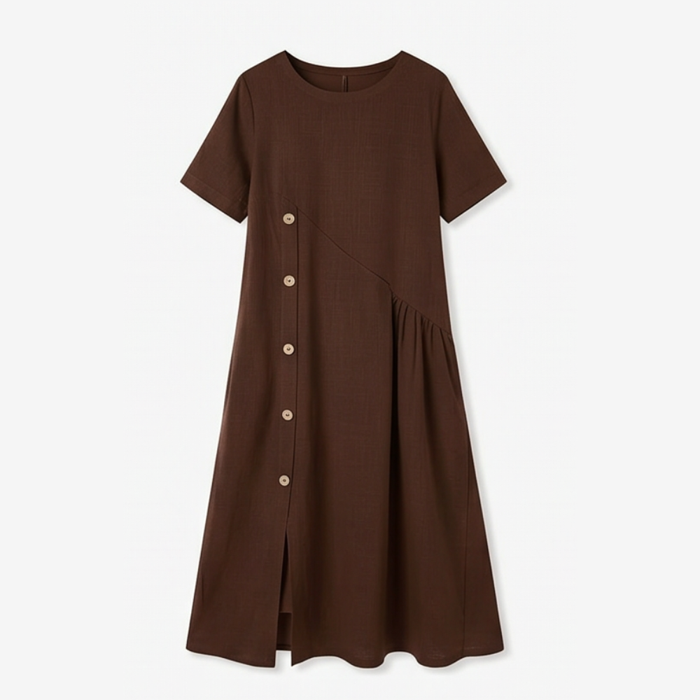 Lunavia™ – Cotton-Linen Asymmetric Button Midi Dress