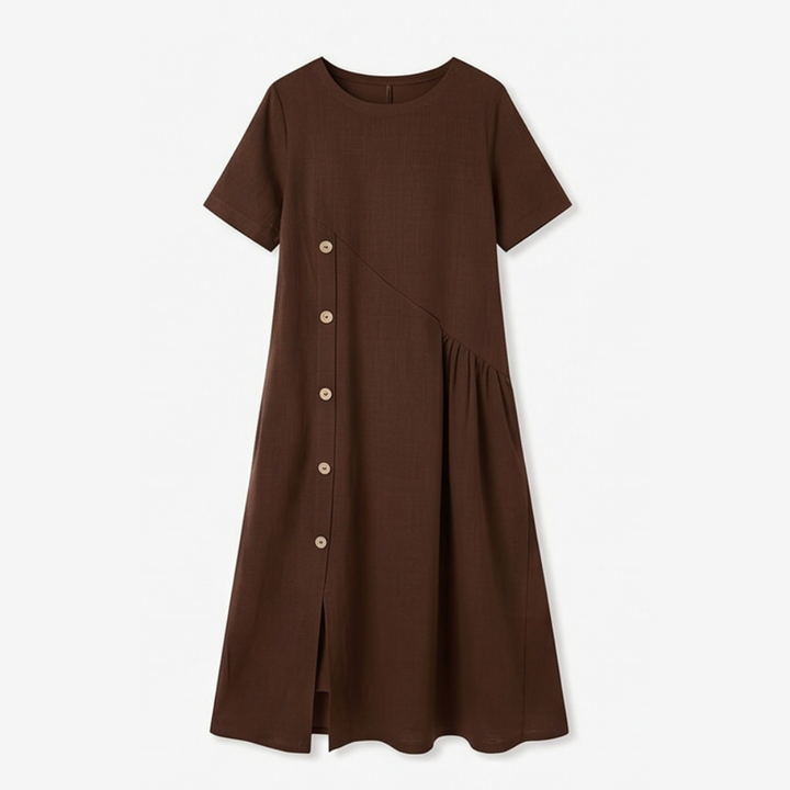 Lunavia™ – Cotton-Linen Asymmetric Button Midi Dress