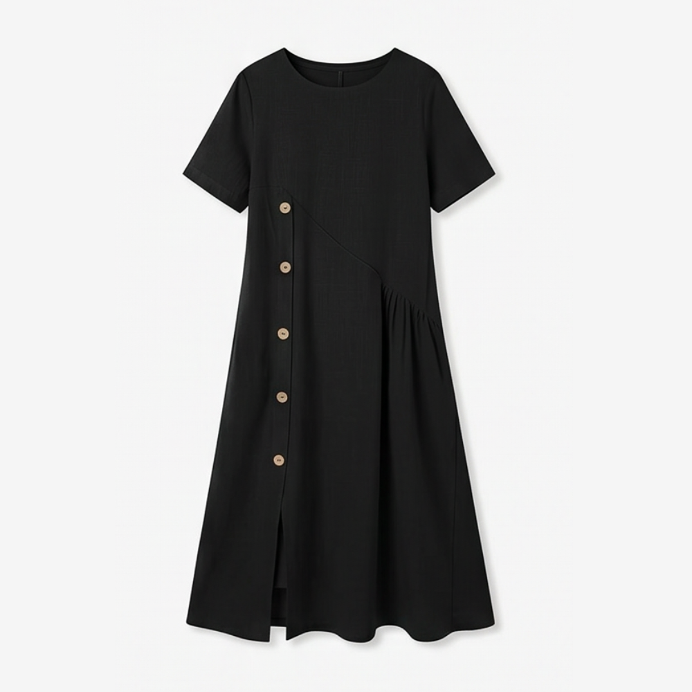 Lunavia™ – Cotton-Linen Asymmetric Button Midi Dress