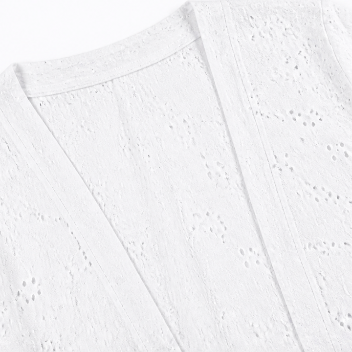 Veluna™ – Lightweight Eyelet Open-Front Cardigan for Women, 3/4 Sleeve Ruffle Hem Summer Layer