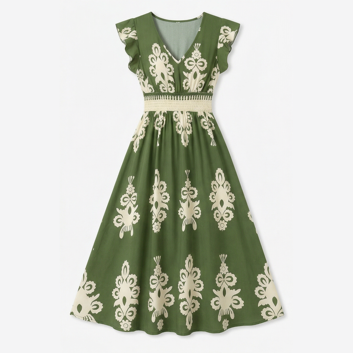 Vivara™ – Baroque Print Flutter Sleeve Maxi Dress