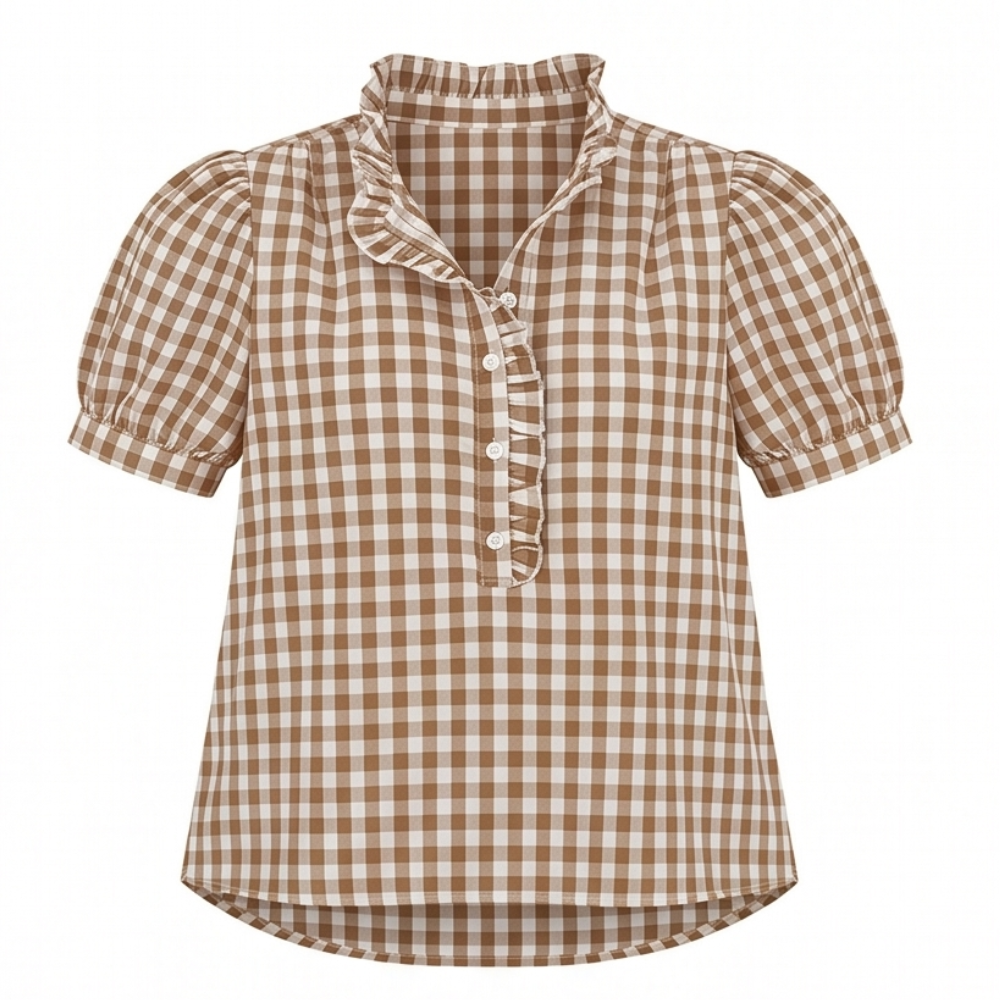 Brindle™ Puff Sleeve Gingham Top with Ruffle Placket