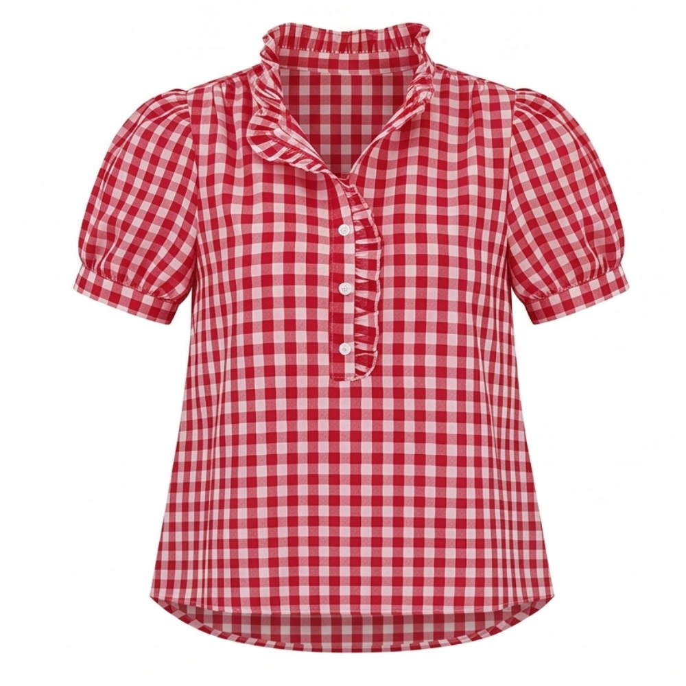 Brindle™ Puff Sleeve Gingham Top with Ruffle Placket